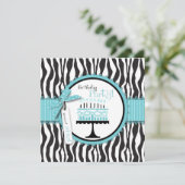 Wild Zebra Print & Birthday Cake Blue Einladung (Stehend Vorderseite)