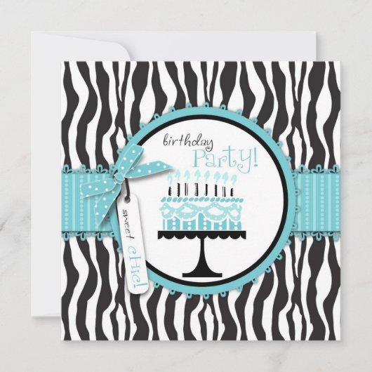 Wild Zebra Print & Birthday Cake Blue Einladung (Vorderseite)