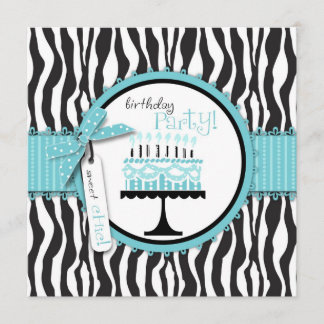 Wild Zebra Print & Birthday Cake Blue Einladung