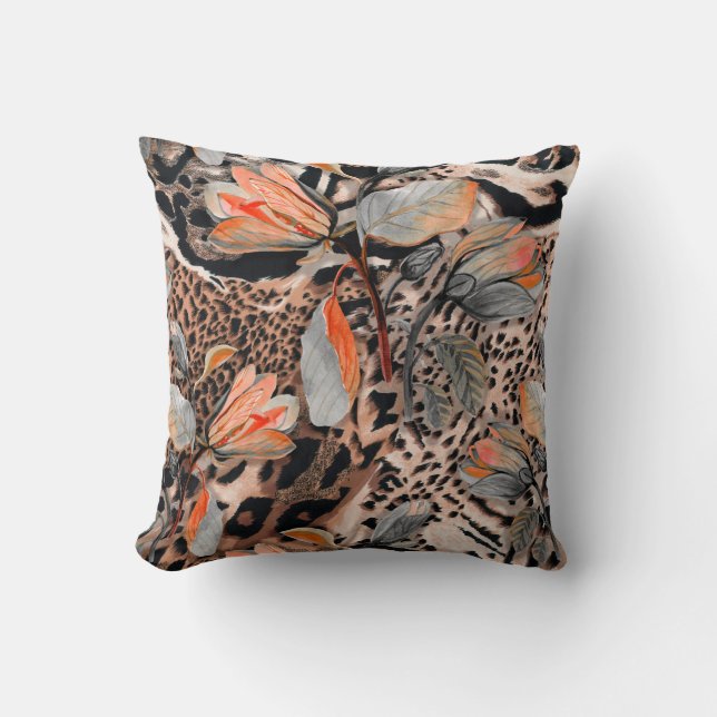 Wildafrikanische Tierhaut mit Brom-Blume-Pattern Kissen (Vorderseite)