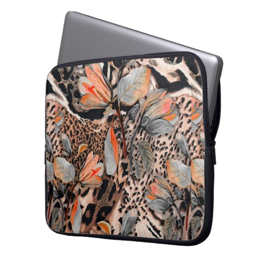 Wildafrikanische Tierhaut mit Brom-Blume-Pattern Laptopschutzhülle (Vorderseite Links)