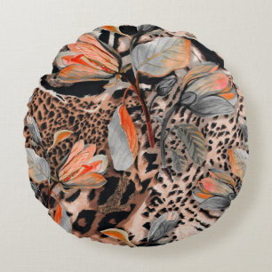 Wildafrikanische Tierhaut mit Brom-Blume-Pattern Rundes Kissen