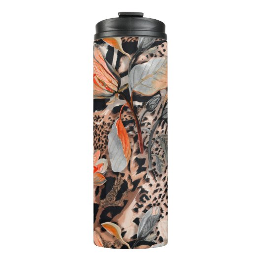Wildafrikanische Tierhaut mit Brom-Blume-Pattern Thermosbecher (Vorderseite)