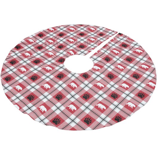 Wildbärenpaws Schwarz, Rot und Weiß Flannel Muster Polyester Weihnachtsbaumdecke (Schrägansicht)