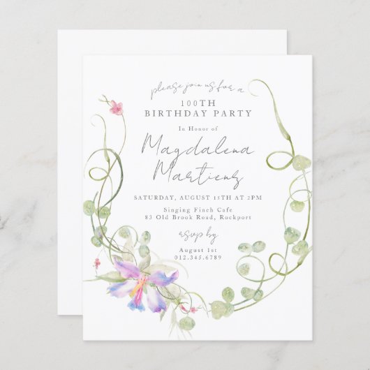 Wildblume 100. Geburtstag Einladung (Vorne/Hinten)