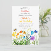 Wildblume 1 Erster Geburtstag Rote Blauer Blume Einladung (Stehend Vorderseite)
