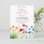 Wildblume 1 Erster Geburtstag Rote Blauer Blume Einladung (Stehend Vorderseite)