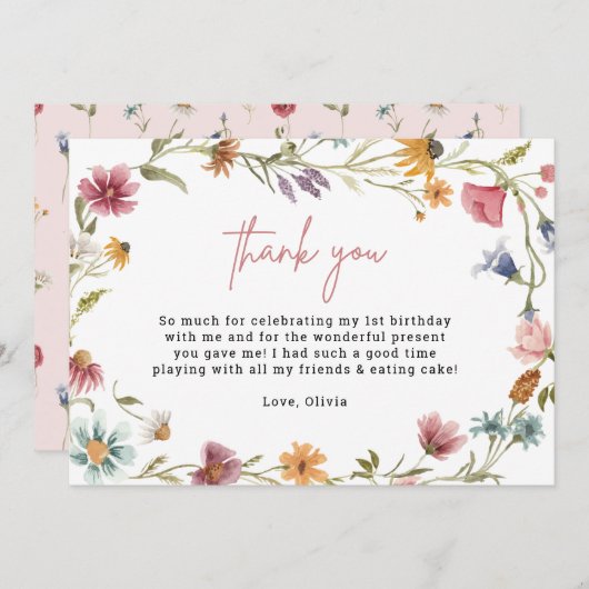 Wildblume 1. Geburtstag druckbare Dankkarten Einladung (Vorne/Hinten)