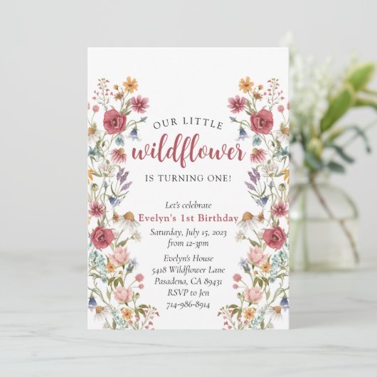 Wildblume 1 Geburtstag Einladung (Stehend Vorderseite)