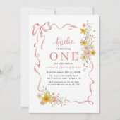 Wildblume 1. Geburtstag Foto Rosa Coquette Bow Einladung (Vorderseite)