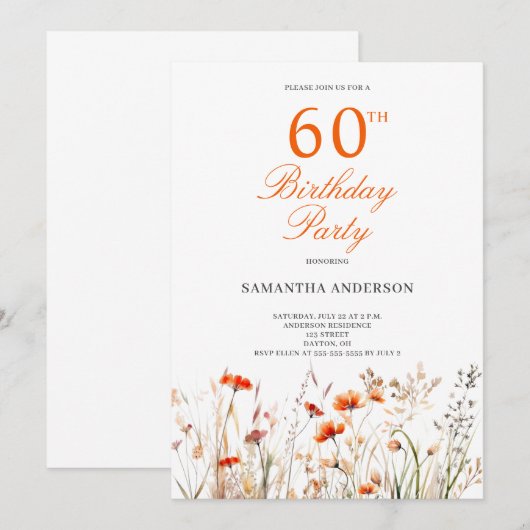 Wildblume 60. Geburtstagsparty Einladung (Vorne/Hinten)