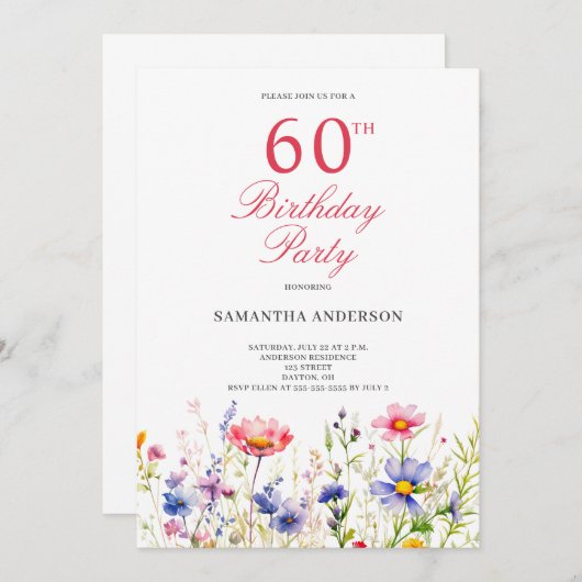Wildblume 60. Geburtstagsparty Einladung (Vorne/Hinten)