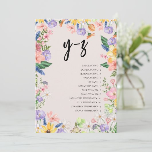 Wildblume Alphabet Sitzkarte Hochzeitkarte Einladung (Stehend Vorderseite)