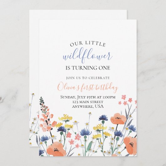Wildblume Aquarell Blumengebirge erster Geburtstag Einladung (Vorne/Hinten)