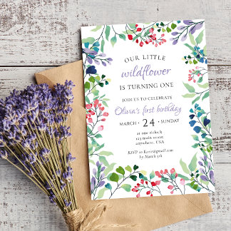 Wildblume Aquarell Blumengebirge erster Geburtstag Einladung