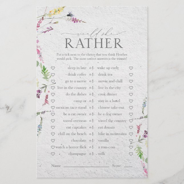 Wildblume Aquarell Blumenspiel Brautparty (Vorderseite)