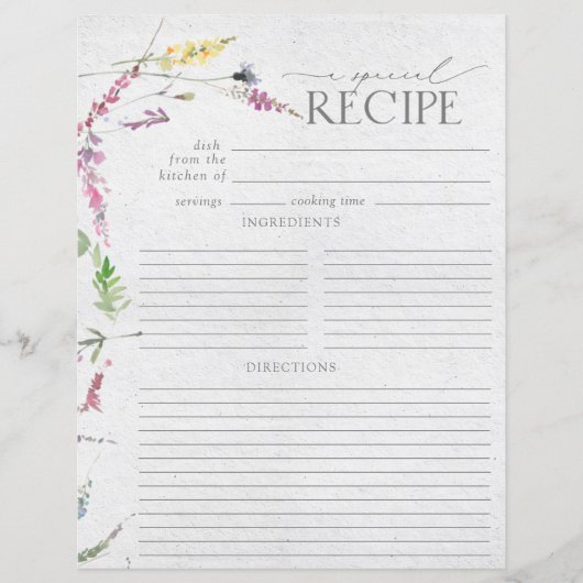 Wildblume Aquarell Brautparty Rezept Seite (Vorderseite)