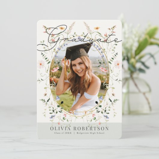 Wildblume Aquarell Foto Abschluss Einladung (Stehend Vorderseite)