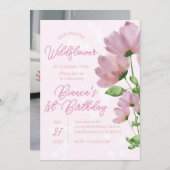 Wildblume Aquarell Rosa 1. Geburtstag Einladung (Vorne/Hinten)