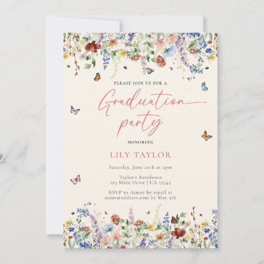 Wildblume Aquarell Schmetterlinge Foto Abschluss Einladung (Vorderseite)