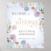 Wildblume Aquarellblau Begrüßung Hochzeit Poster (Vorne)