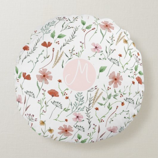 Wildblume Aquarellbogen Vintages Blumenmuster Rundes Kissen (Vorderseite)