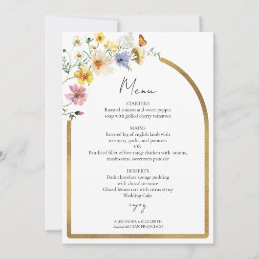 Wildblume Arch Gold | Boho Wedding Menu Card Einladung (Vorderseite)