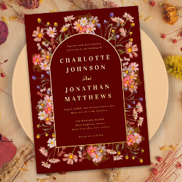 Wildblume Arch Hochzeit im Herbst Burgundy Gold Folieneinladung