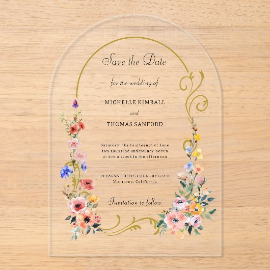 Wildblume Arch Wedding Save the Date Acryleinladungen (Vorderseite)