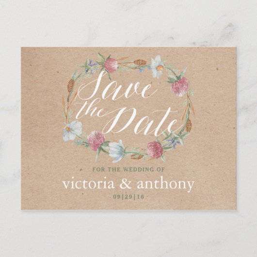 Wildblume auf Kraft Land Save the Date Ankündigungspostkarte (Vorderseite)