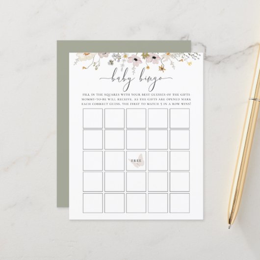 Wildblume Baby Bingo Spiel (Vorderseite/Rückseite Beispiel)