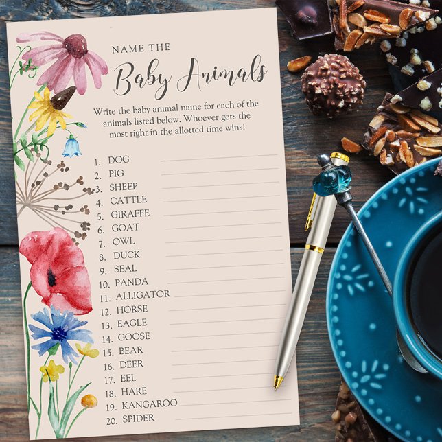 Wildblume Baby Dusche Baby Tiername Quiz Spiel (Baby Animals Baby Shower quiz game from my Wildflower Charm collection)