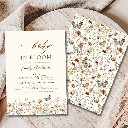 Wildblume Baby in Bloom Baby Dusche Beige Einladung