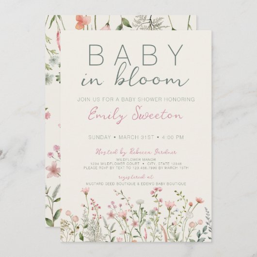 Wildblume Baby in Bloom Baby Dusche Einladung (Vorne/Hinten)