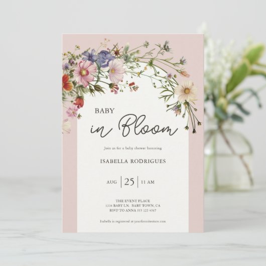 Wildblume Baby in Bloom Baby Dusche Einladung (Stehend Vorderseite)