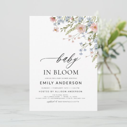 Wildblume Baby in Bloom Baby Dusche Rosa Blau Einladung (Stehend Vorderseite)