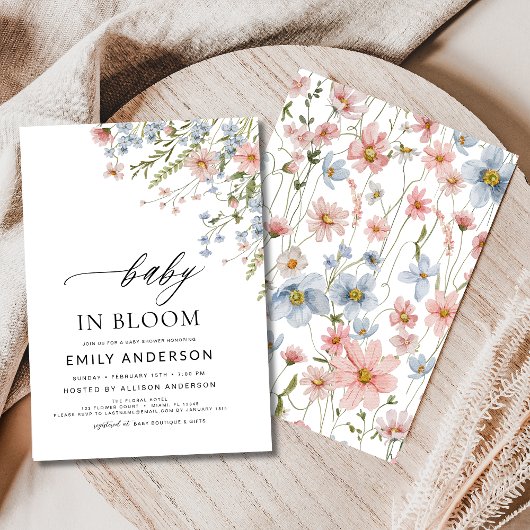 Wildblume Baby in Bloom Baby Dusche Rosa Blau Einladung