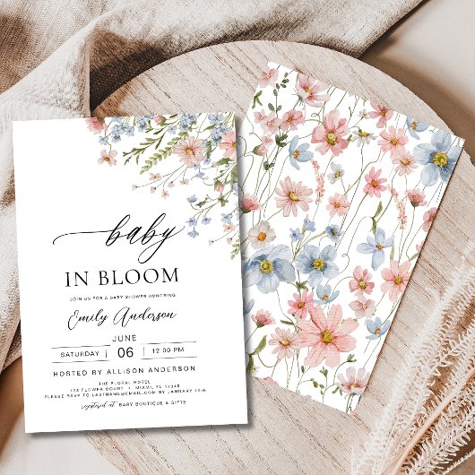 Wildblume Baby in Bloom Baby Dusche Rosa Blau Einladung