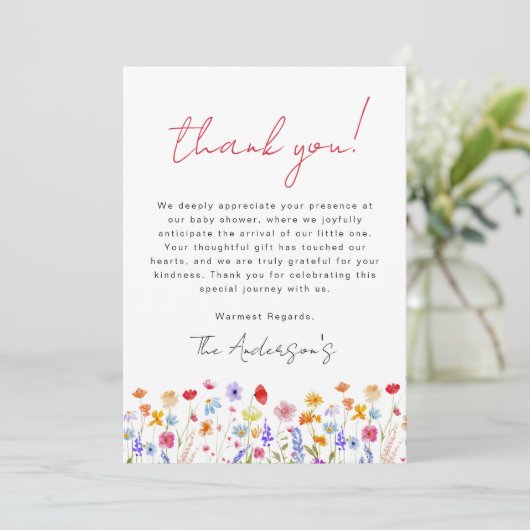Wildblume Baby in Bloom Baby Duschgarten Dankeskarte (Stehend Vorderseite)