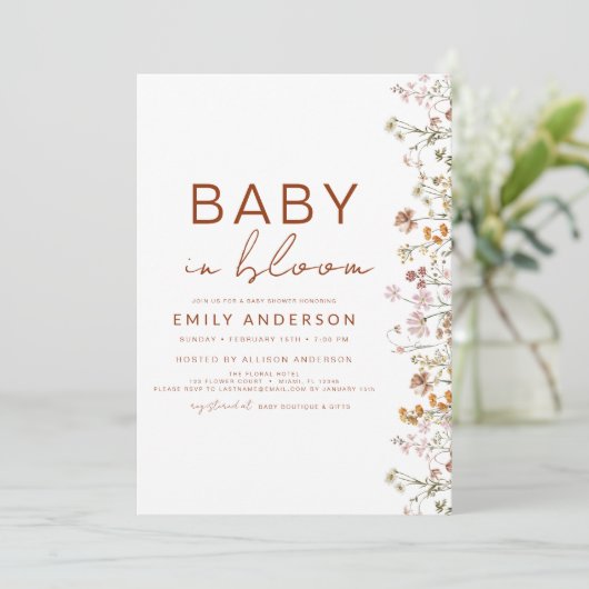 Wildblume Baby in Bloom Baby Showgarten Boho Einladung (Stehend Vorderseite)