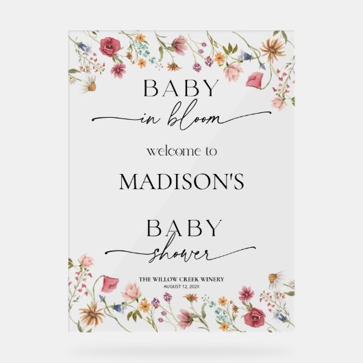 Wildblume Baby in Bloom Begrüßungsakrylus-Zeichen Acrylschild (Vorderseite)