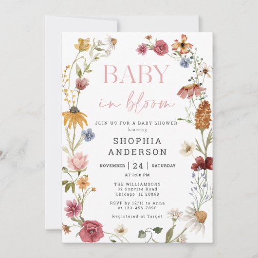 Wildblume Baby in Bloom Girl Babydusche Einladung (Vorderseite)