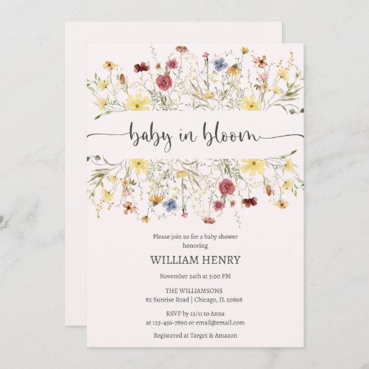 Wildblume Baby in Bloom Spring Floral Babydusche Einladung (Vorne/Hinten)