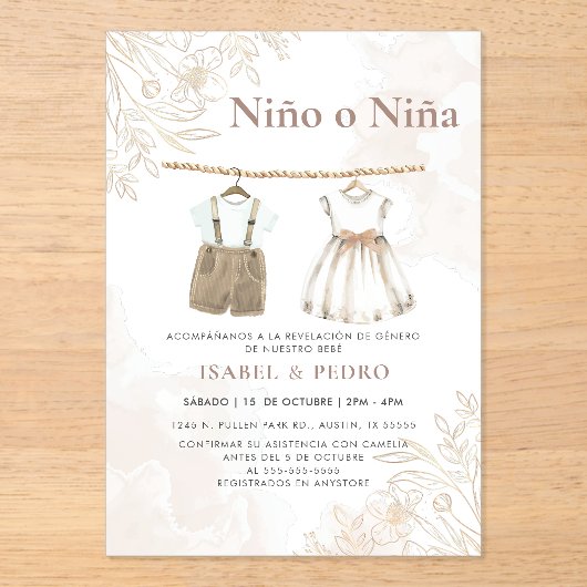 Wildblume Baby Kleidung Spanisch Gender Reveal Acryleinladungen (Vorderseite)