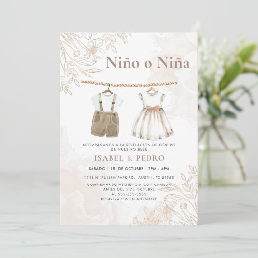 Wildblume Baby Kleidung Spanisch Gender Reveal Einladung (Stehend Vorderseite)