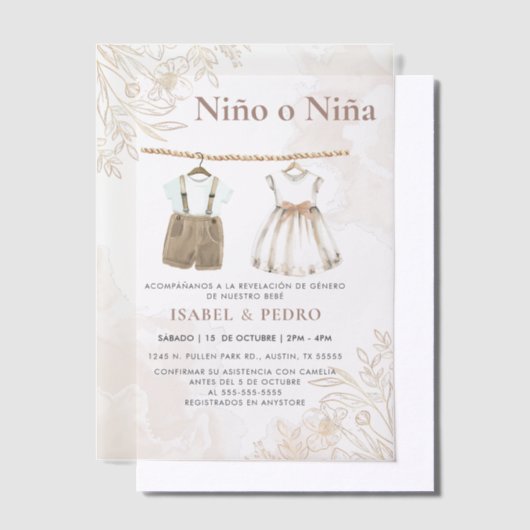 Wildblume Baby Kleidung Spanisch Gender Reveal Pergament Einladungen (Versetzt)