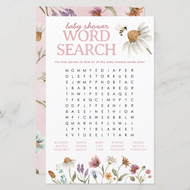 Wildblume Baby Shooter Word Search Game Sheet (Vorne/Hinten)