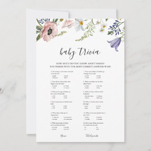 Wildblume Baby Showroom Trivia Game Card Einladung (Vorderseite)