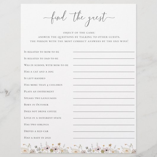 Wildblume Babydusche finden Game (Vorderseite)