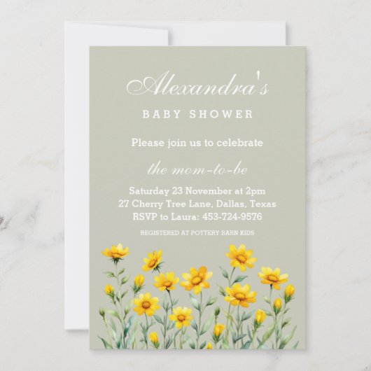 Wildblume Babydusche in Gelbgrün Einladung (Vorderseite)